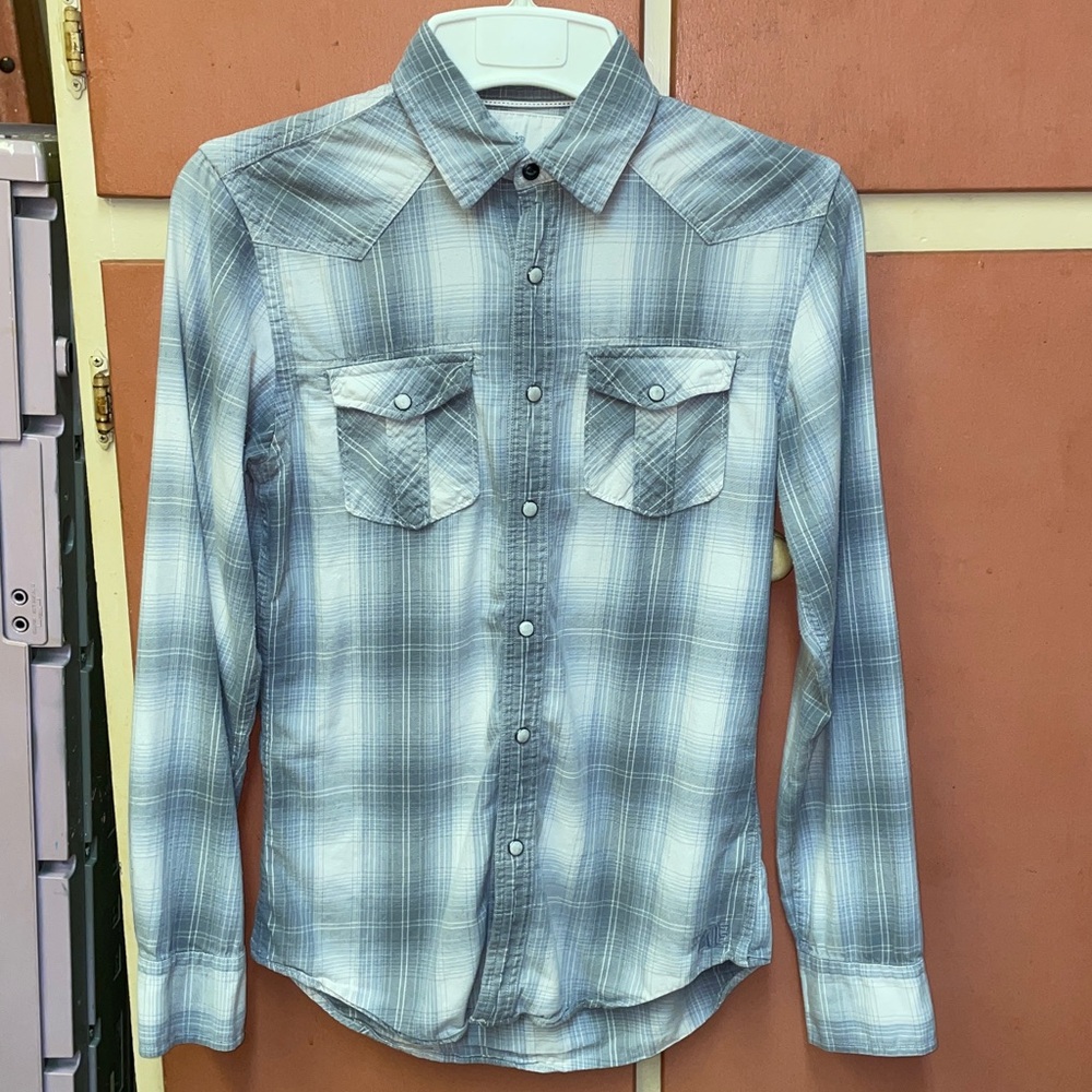 AE OUTFITTERS Blue/Gray and White Plaid Button-Up Shirt XS